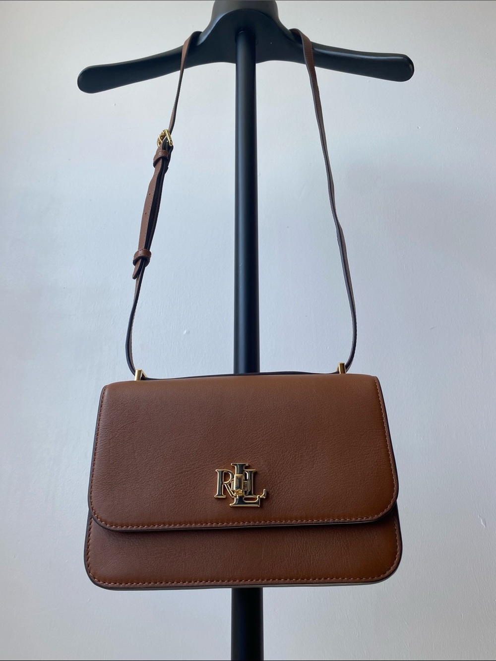 Ralph Lauren Tan Leather Crossbody with Gold RL Emblem